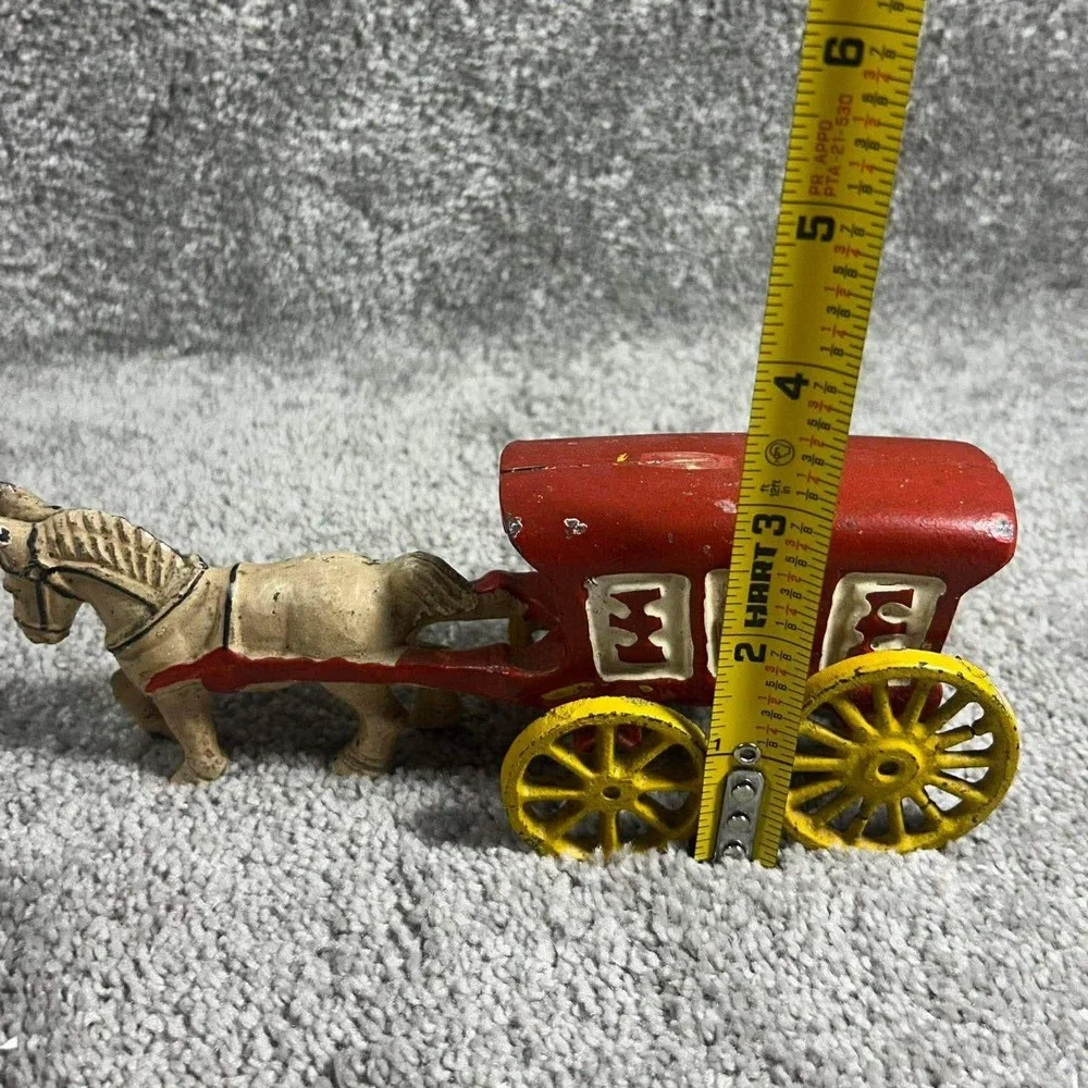 Vintage Cast Iron Ice Wagon Red Horse Drawn Carriage Toy Antique Style 6.5in